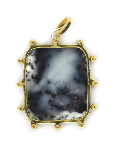 Rectangle 925 Silver Pave Diamond Pendant With Dendrite opal Stone