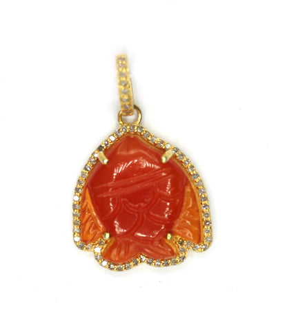 Fish-shaped sterling silver pendant with Orange jade centerpiece and diamond border