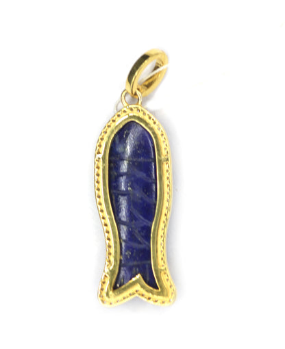 Fish-shaped sterling silver pendant with lapis lazuli centerpiece and pavé diamond border