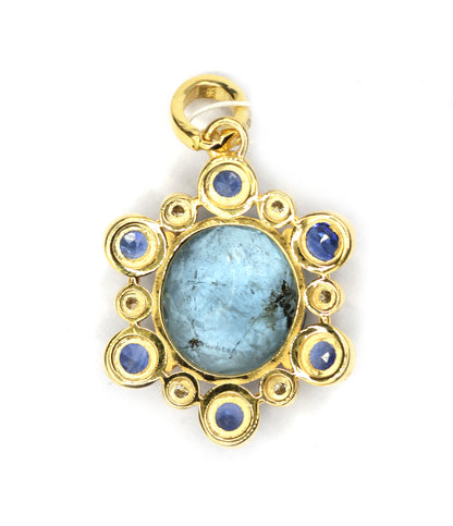 Oval 925 Silver Pave Diamond Pendant With Aqua Stone