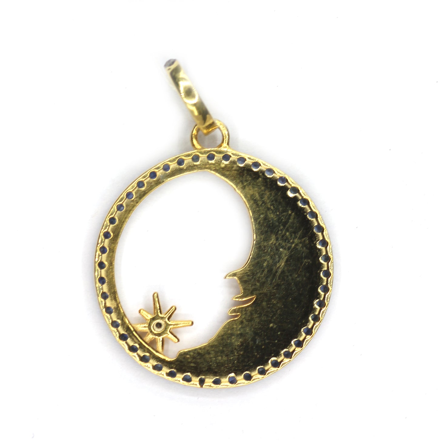 Moon With Blue Sapphire Stone & Silver Pave Diamond Pendant