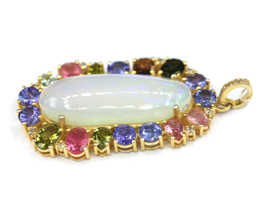 Ethiopian opal  Silver Diamond Pendant