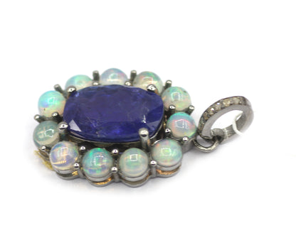 Tanzanite sterling silver Diamond pendant With Ethiopian Opal Stone