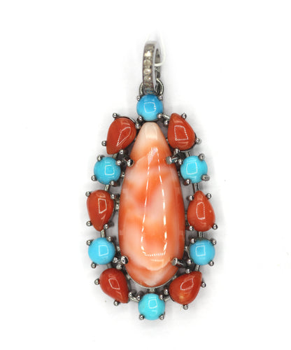 Coral sterling silver Diamond pendant With Turquoise Stone