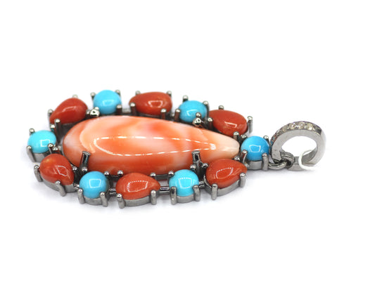 Coral sterling silver Diamond pendant With Turquoise Stone