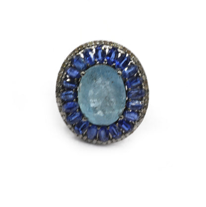 Aqua Silver Pave Diamond Ring .925 Oxidized Sterling Silver Diamond Ring
