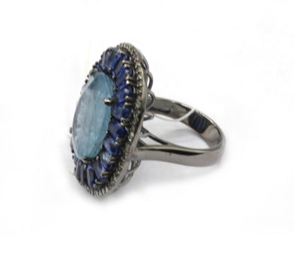 Aqua Silver Pave Diamond Ring .925 Oxidized Sterling Silver Diamond Ring