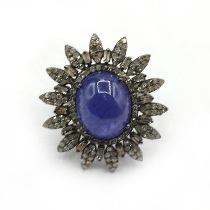 Tanzanite Silver Pave Diamond Ring .925 Oxidized Sterling Silver Diamond Ring