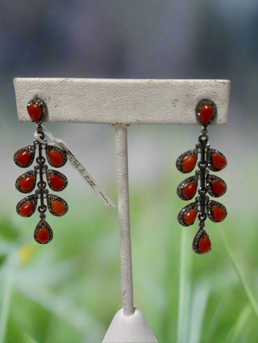 Leaf Dangling Coral Diamond Earings