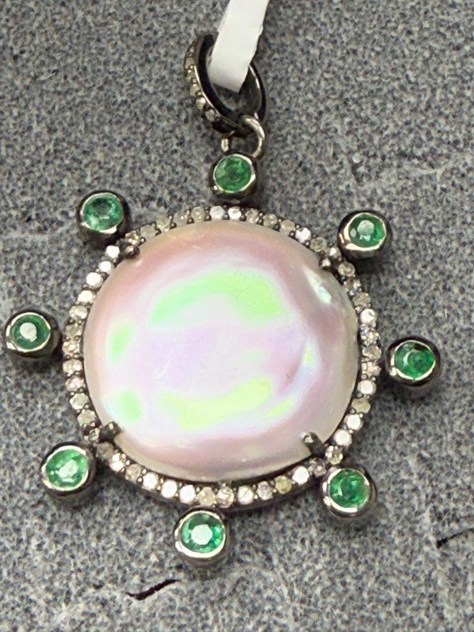 Pearl Emerald  Silver Pave Diamond Pendant With Pearl Stone