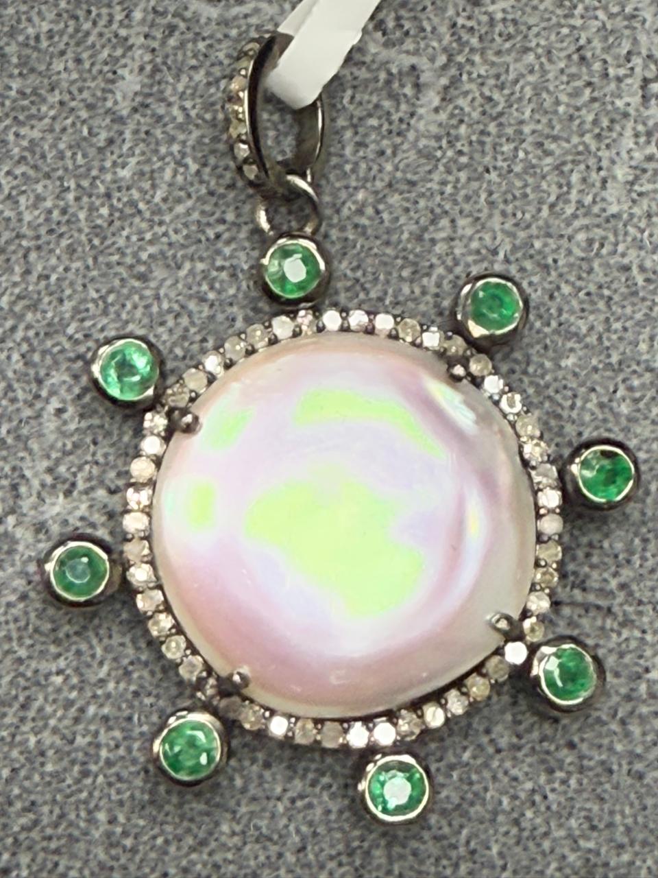 Pearl Emerald  Silver Pave Diamond Pendant With Pearl Stone