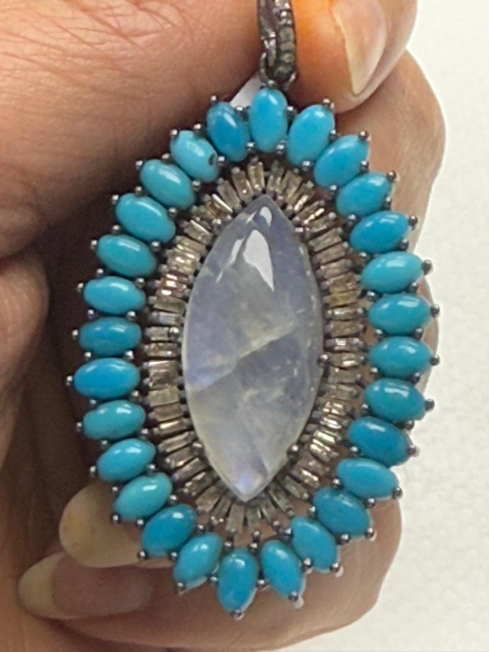 Marquise Shape Turqouise Silver Pave Baguette Diamond Pendant With Moonstone