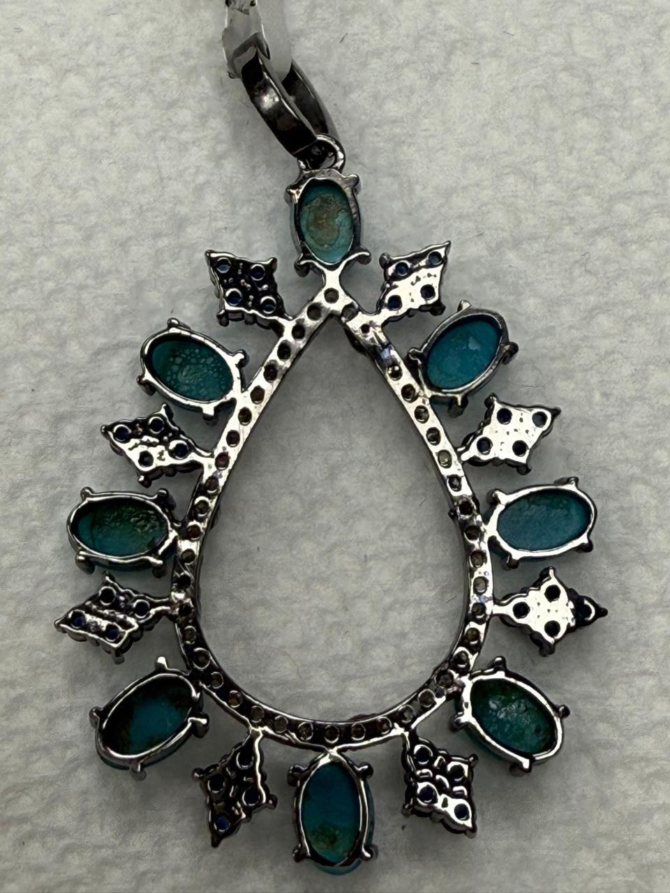 Turqouise Sapphire Silver Pave  Diamond Pendant