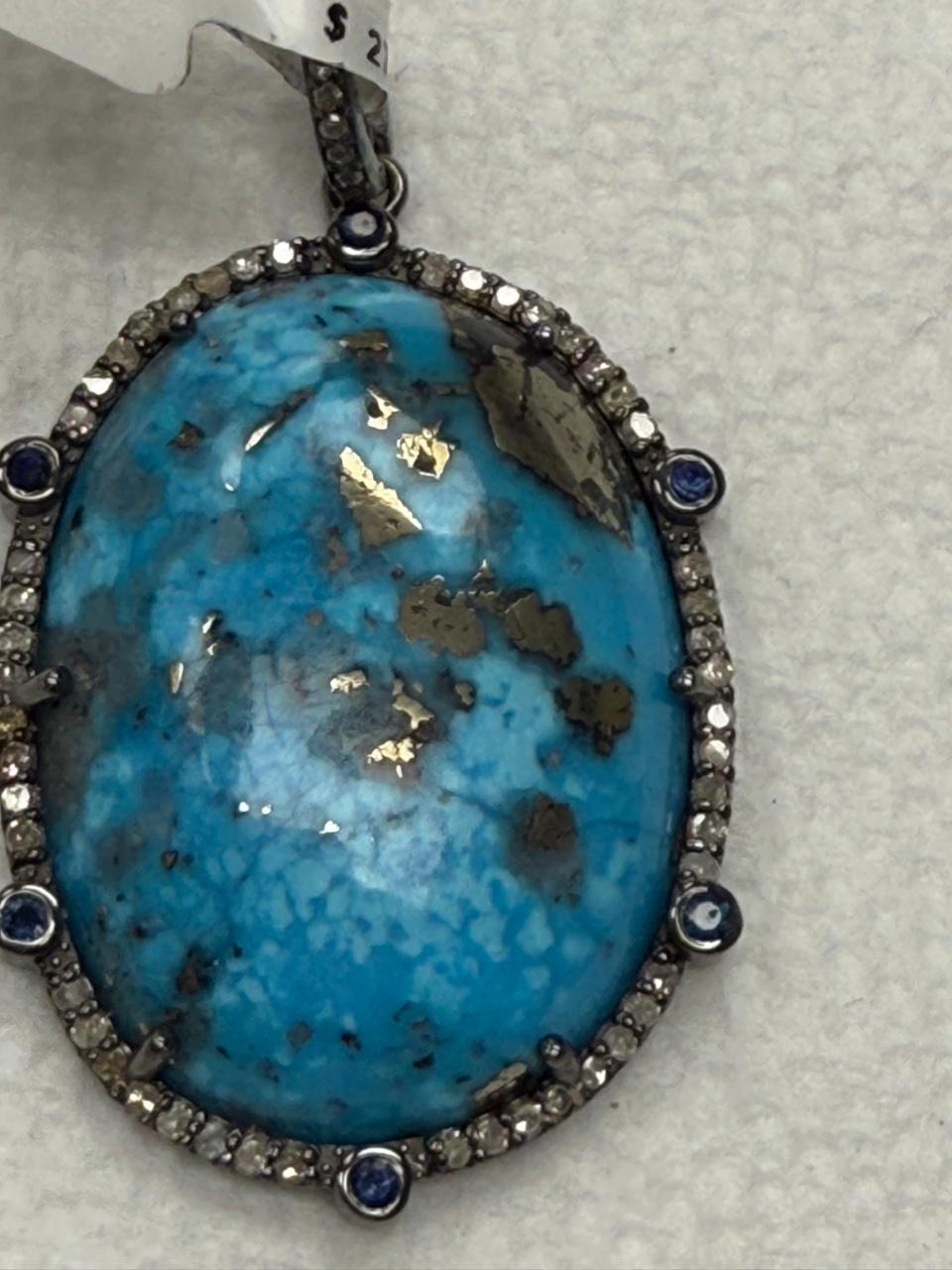 Turqouise Sapphire Pave Silver  Diamond Pendant