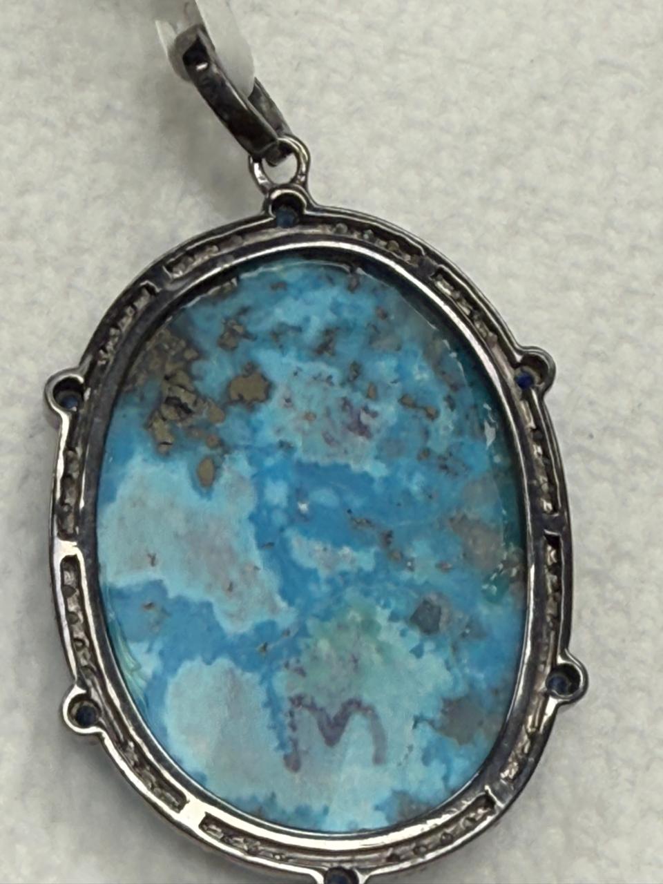 Turqouise Sapphire Pave Silver  Diamond Pendant