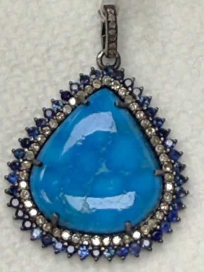 Tear Drop Turqouise Sapphire Pave Silver  Diamond Pendant