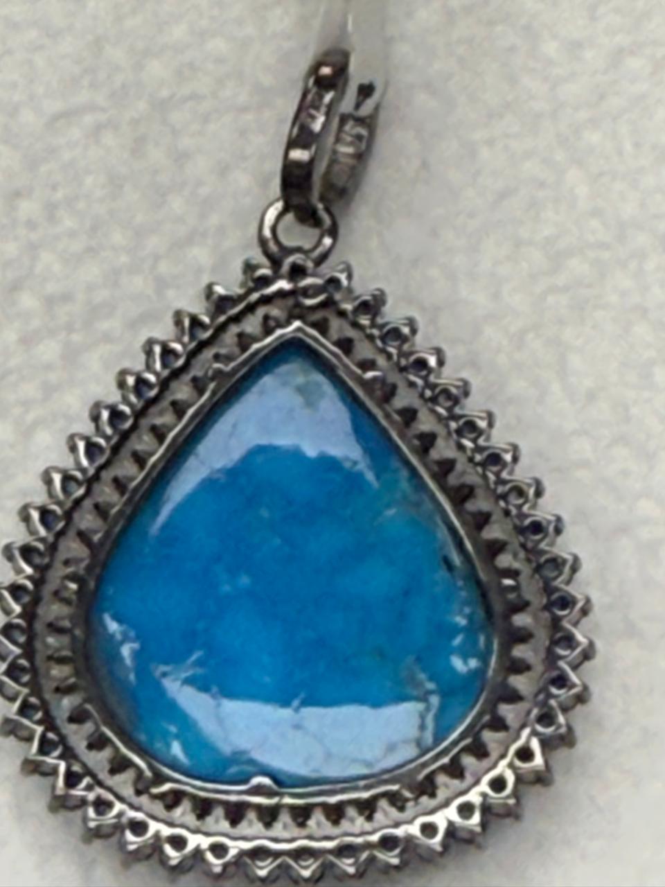 Tear Drop Turqouise Sapphire Pave Silver  Diamond Pendant