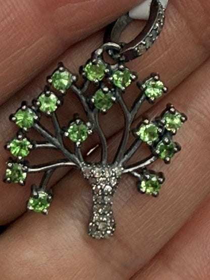 Green Tsavorite Blue Sapphire Tree Diamond Pendant