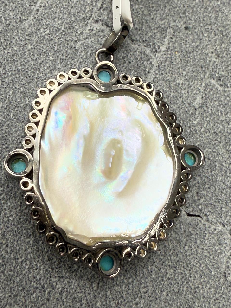 Pearl Turqouise Silver Pave Diamond Pendant With Pearl Stone