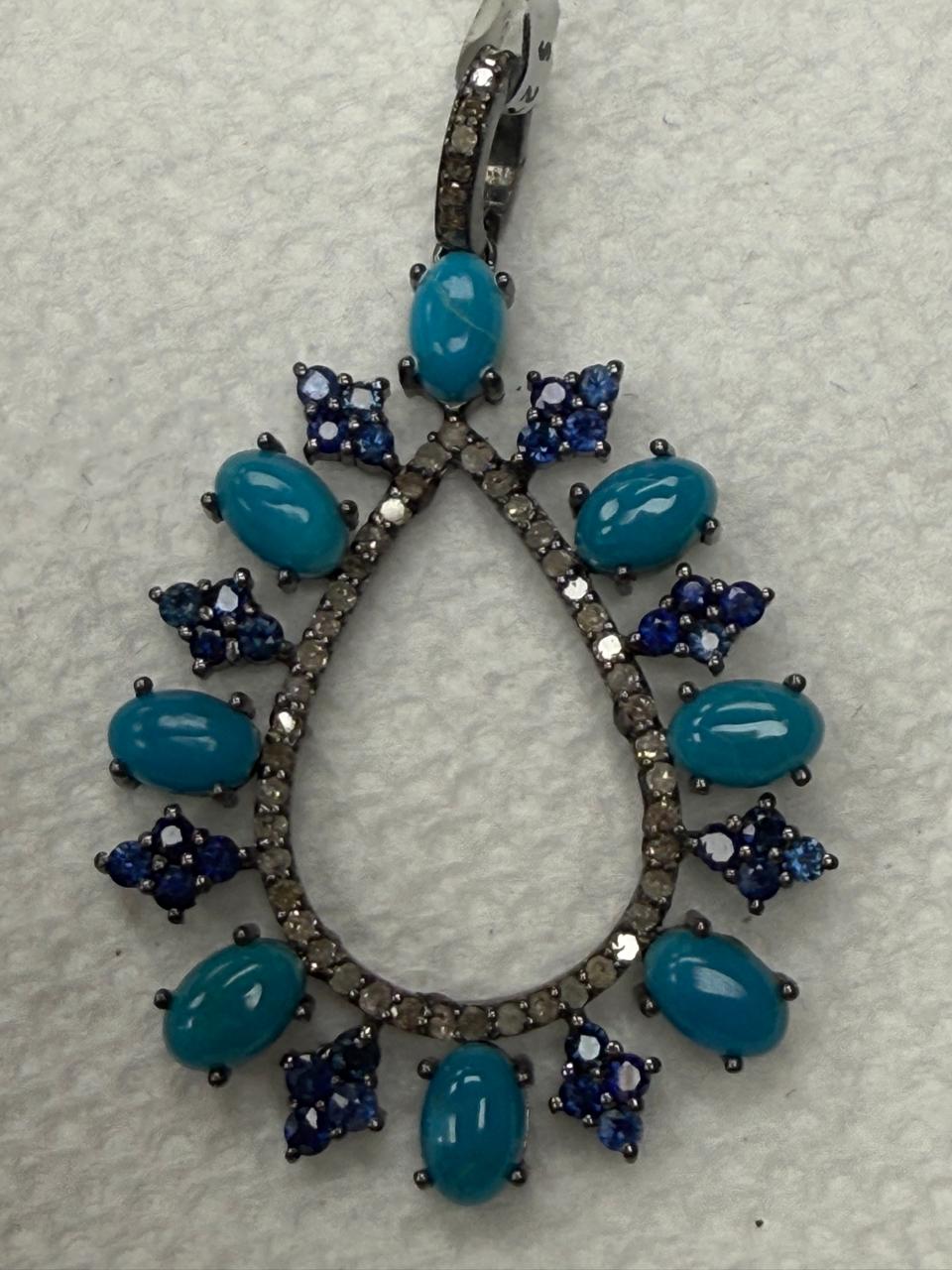 Turqouise Sapphire Silver Pave  Diamond Pendant