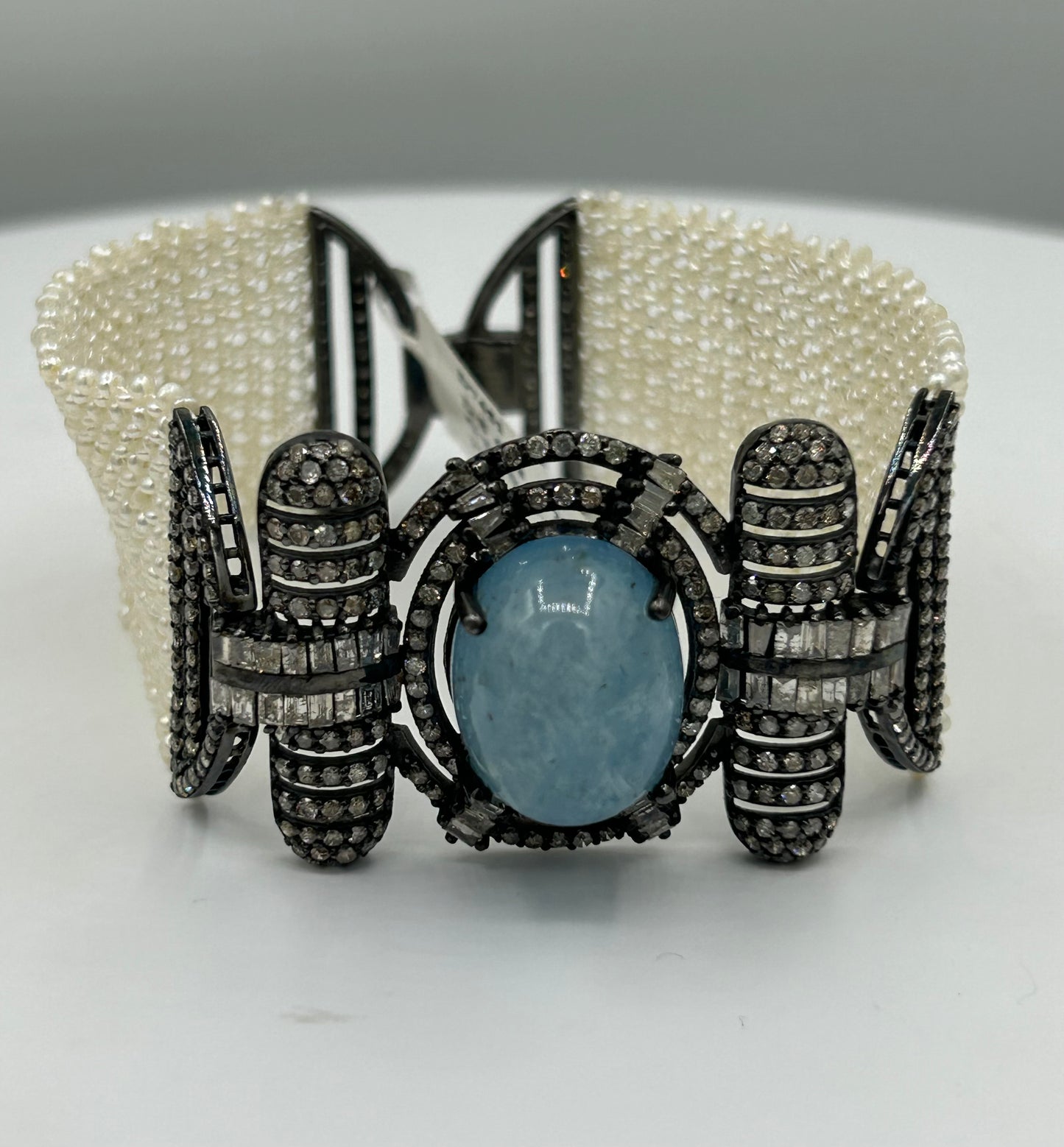 Aquamarine Oval Cabs and Diamond Pearl Weaving Bracelet