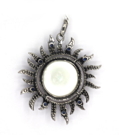 Pearl Sunburst Shape Silver Pave Diamond Pendant With Pearl Stone