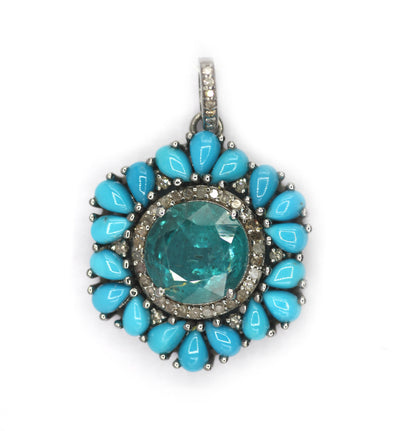 Green Kynite sterling silver Diamond pendant With Turquoise Stone