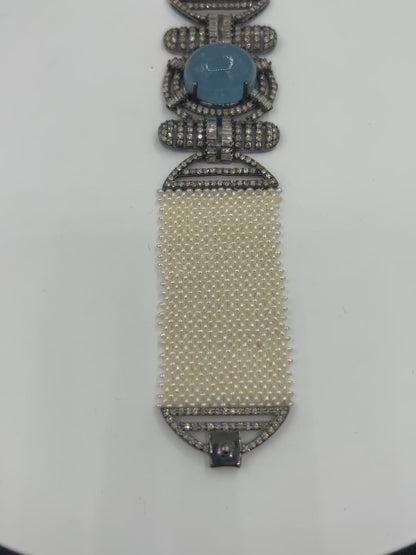 Aquamarine Oval Cabs and Diamond Pearl Weaving Bracelet