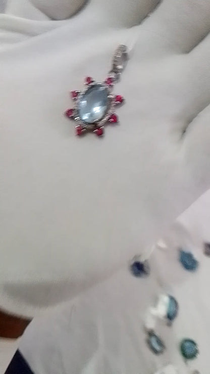 Aquamarine sterling silver Diamond pendant With Ruby Stone