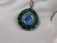 Aquamarine sterling silver Diamond pendant With Emerald Stone