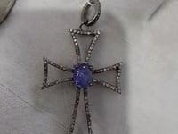 Cross Silver Pave Diamond Pendant With Tanzanite Stone