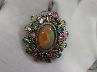 Ethiopian opal Silver Diamond Pendant With Tourmaline Stone