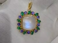 Rainbow Moonstone Silver Diamond Pendant With Emerald And Tanzanite Stone