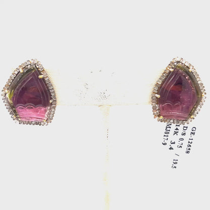 Pink Tourmaline 14k Solid Gold Diamond Earring.14k Solid Gold Diamond Earring..