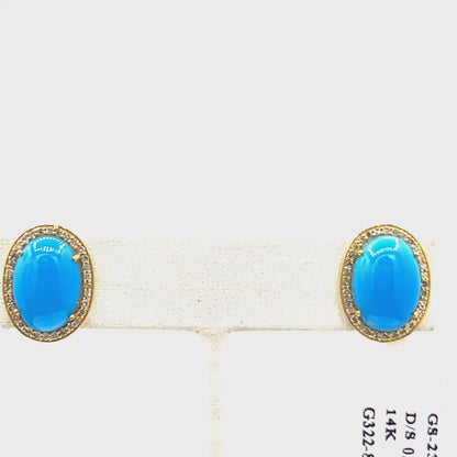 Turquoise Oval 14k Solid Gold Diamond Stud Earring.14k Solid Gold Diamond Earring..