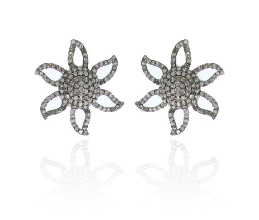 Flower pave Diamond and Silver Earrings