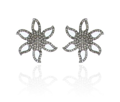 Flower pave Diamond and Silver Earrings