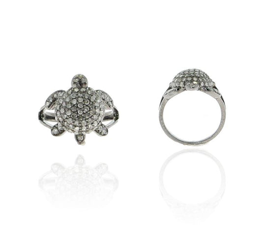 Diamond Turtle Diamond Ring, Pave Diamond Ring, Pave Turtle Ring, Approx 14 x 17mm. Sterling Silver