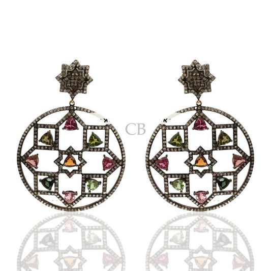 Diamond and Silver Multi Tourmaline Black Rhodium Finish Earring