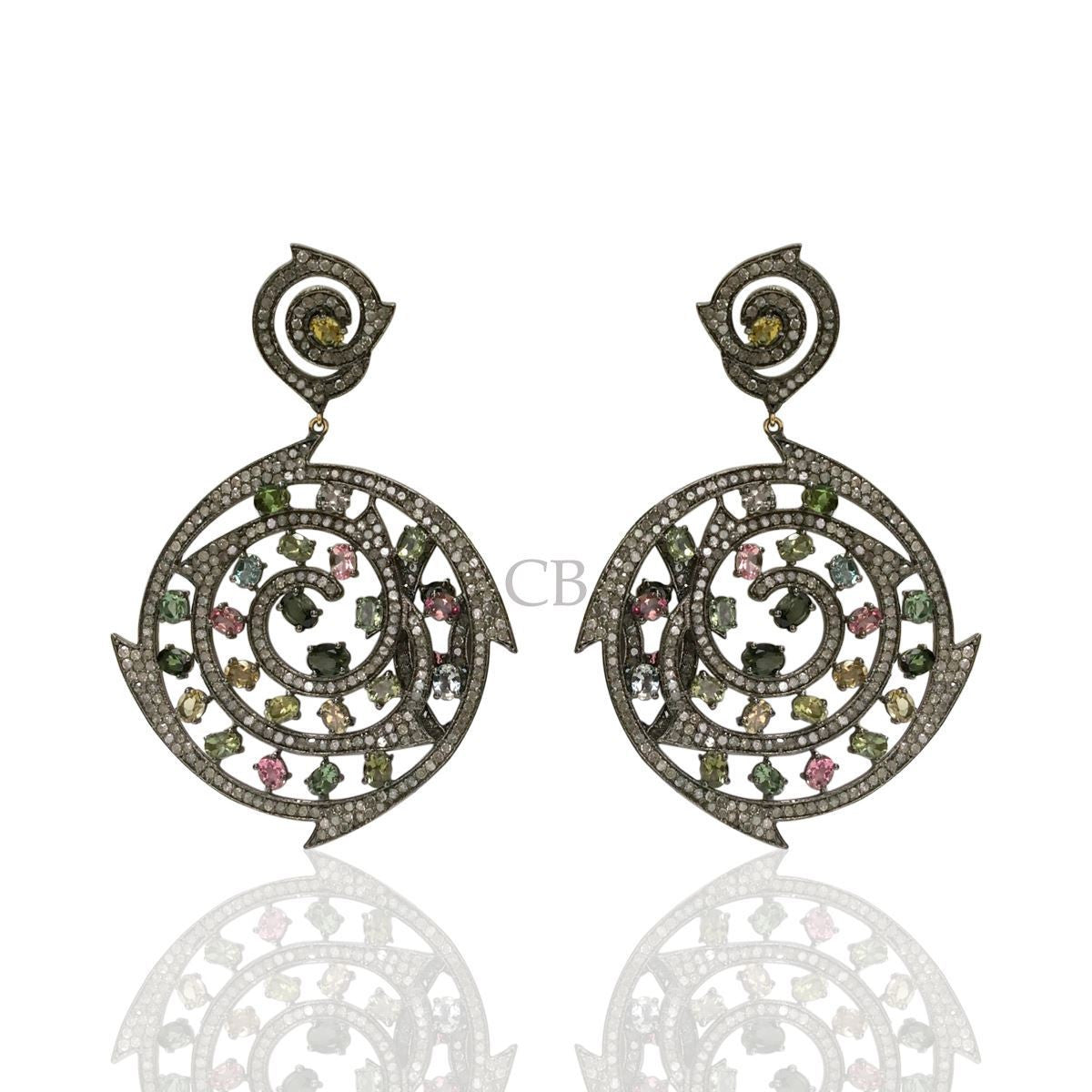 Diamond and Silver Multi Tourmaline Black Rhodium Finish Earring