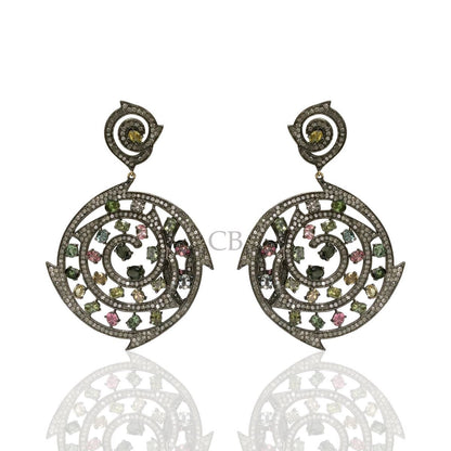Diamond and Silver Multi Tourmaline Black Rhodium Finish Earring