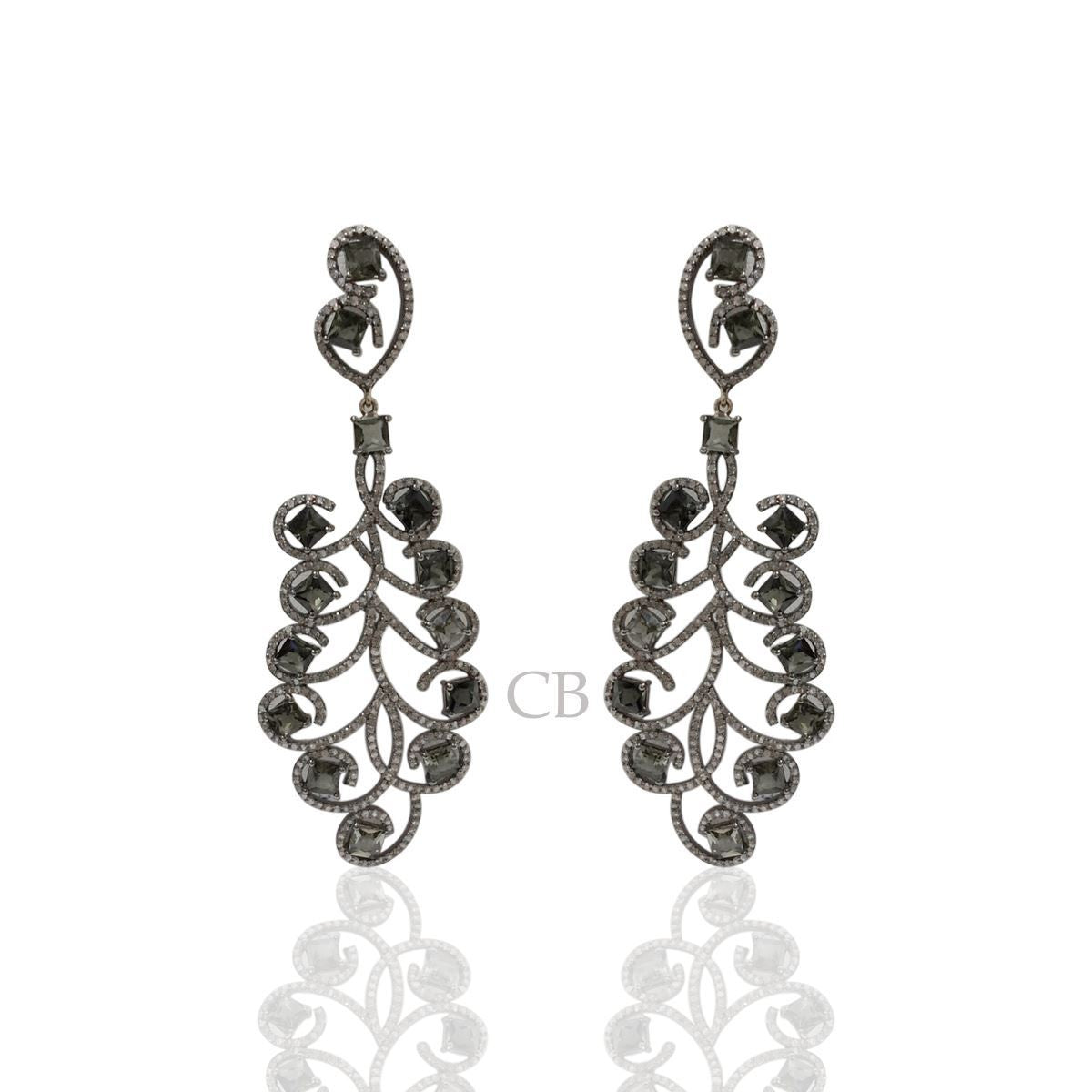 Diamond and Tourmaline Silver Black Rhodium Finish Earrings