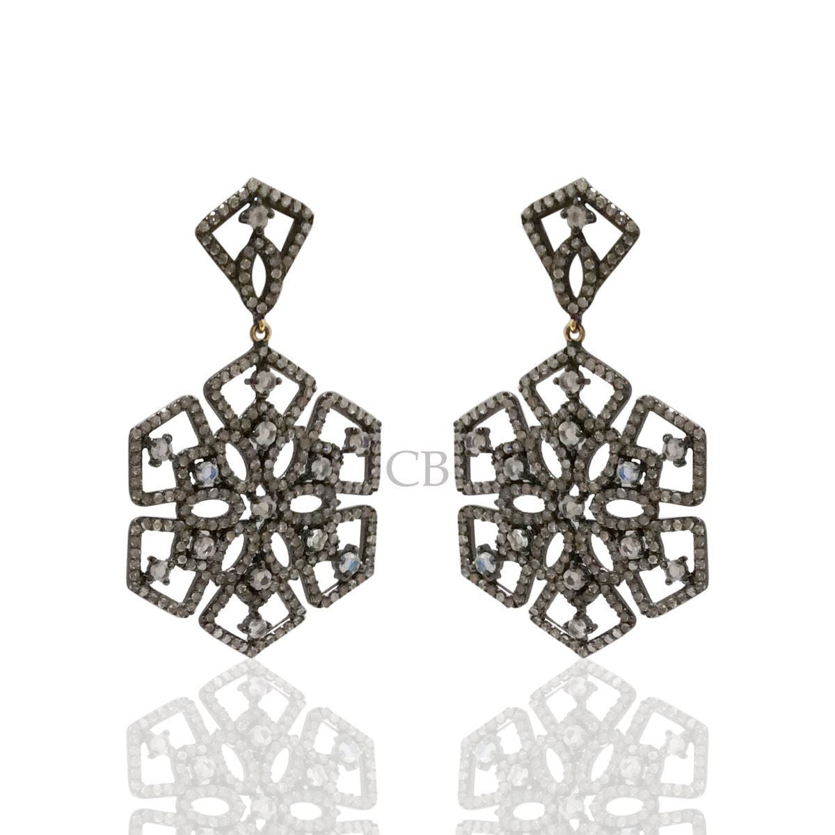 Diamond and White Rainbow Moon Stone Silver Earrings