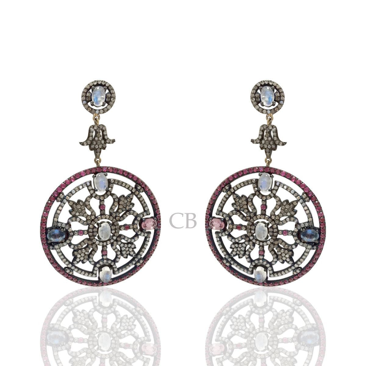 Diamond and Sapphire Faceted Stone Silver Earrings
