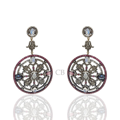 Diamond and Sapphire Faceted Stone Silver Earrings