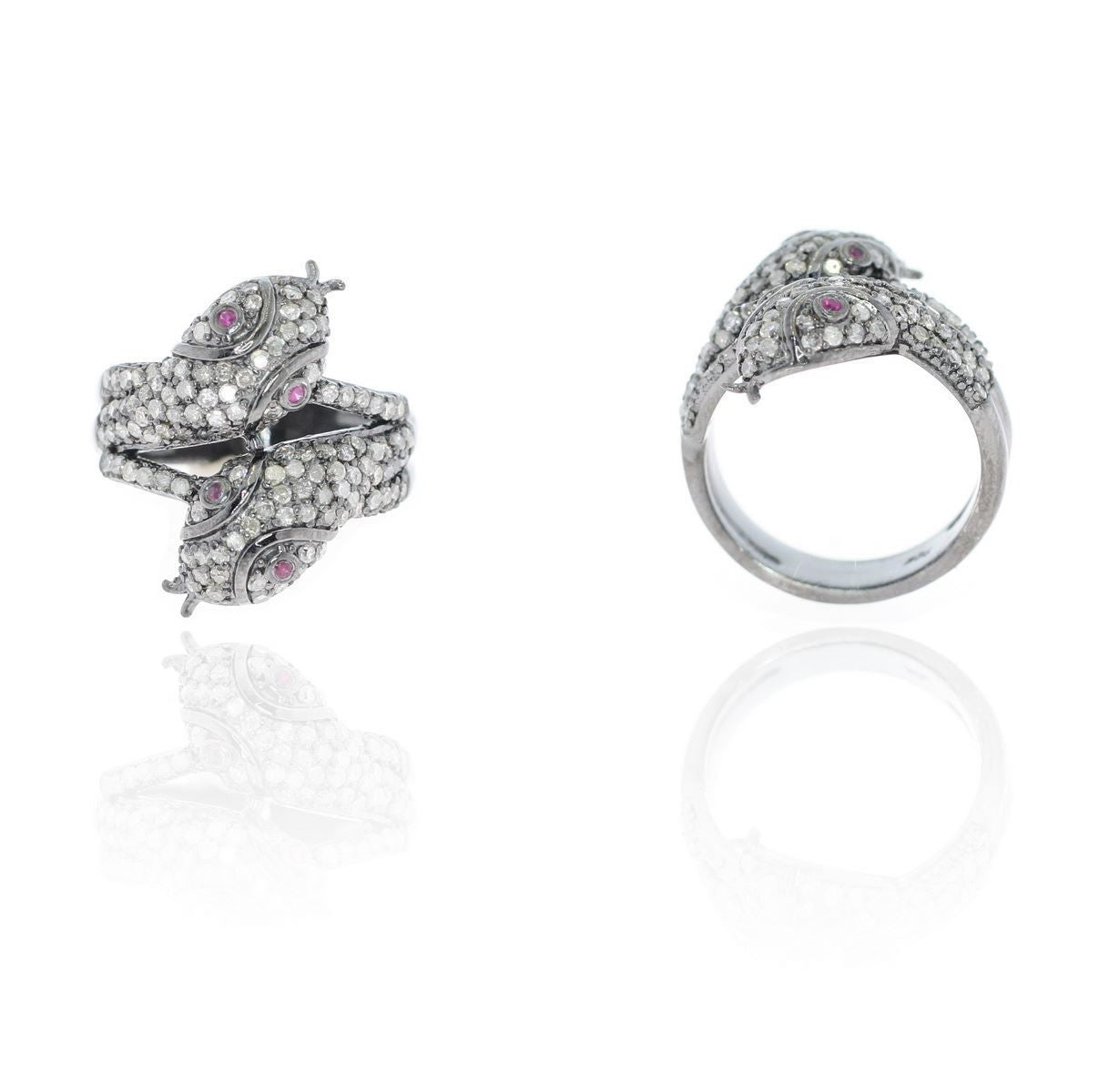 Snake Diamond and Ruby Black Rhodium Silver Finish Rings