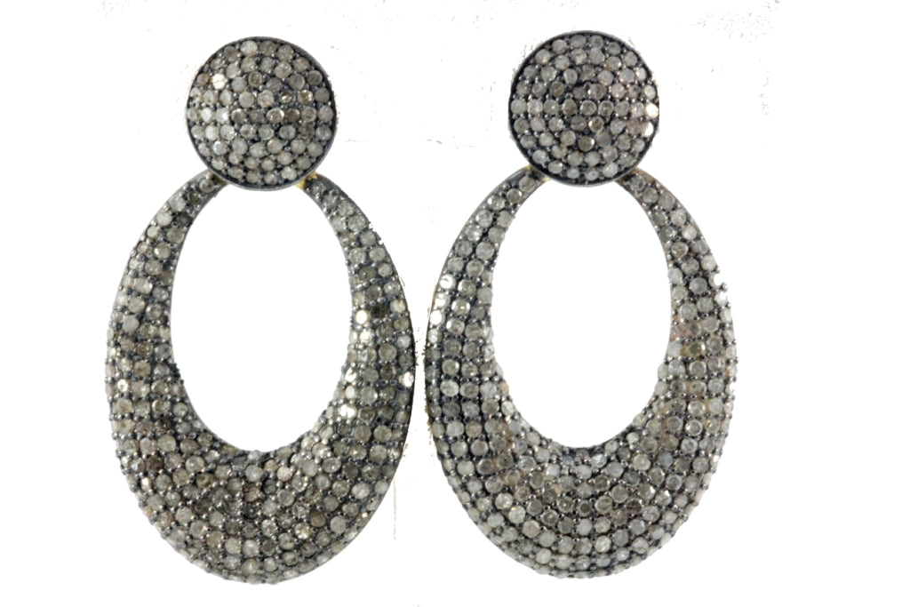 Oval Shape Silver Oxidized Earring with Diamonds