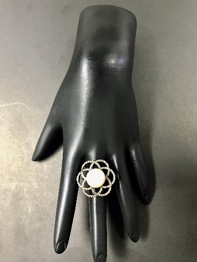 Diamond  Flower with Pearl Diamond Ring, Pave Diamond Ring, Pave Flower with Pearl Ring, Approx 24 x 24mm. Sterling Silver