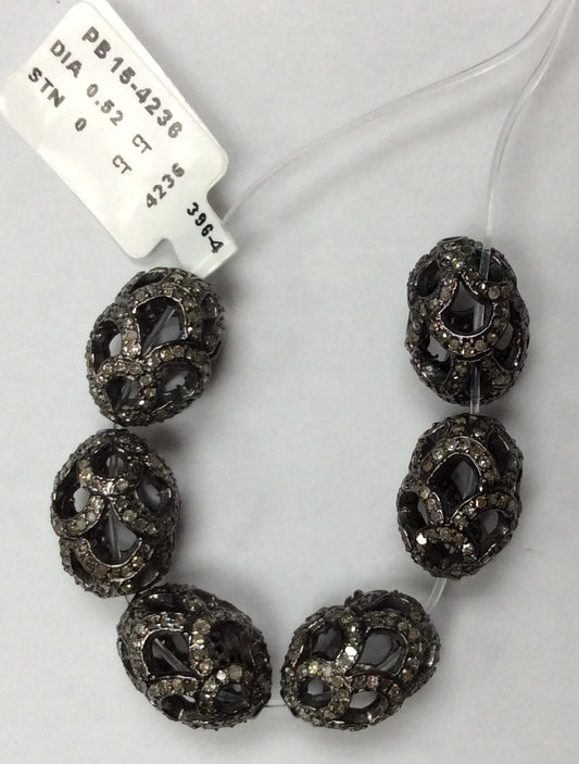 Oval Open Filigree Designs Silver Pave Diamond Beads
