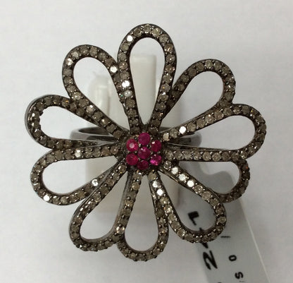 Flower Pave Diamond Ring With Ruby  .925 Oxidized Sterling Silver Diamond Ring, Genuine handmade pave diamond Ring Size Approx 1.32"(33 MM)